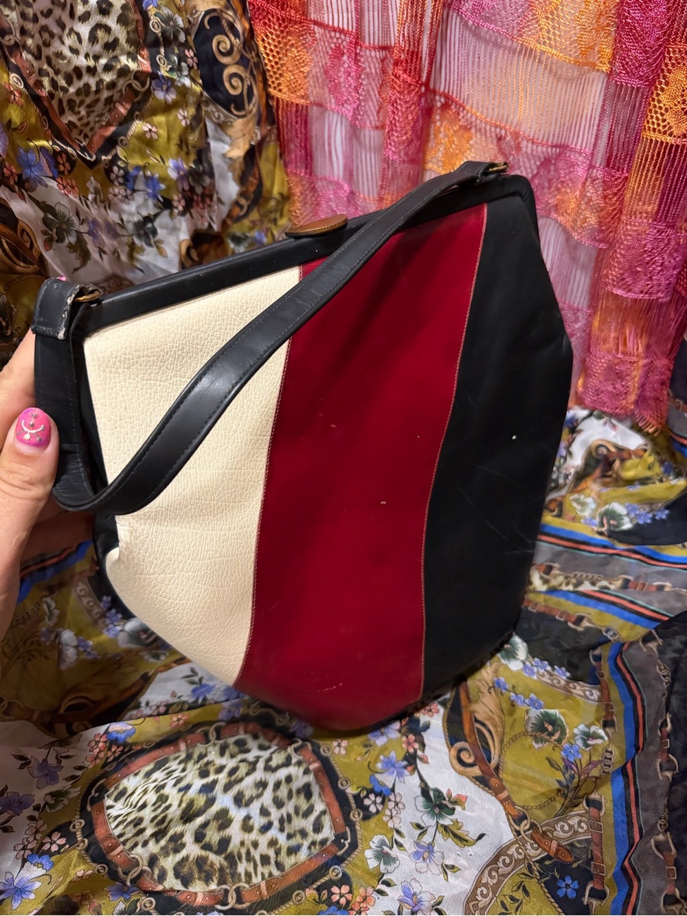Colorblock Leather Shoulder Bag in Black, Red & Cream from Sony picture costumes